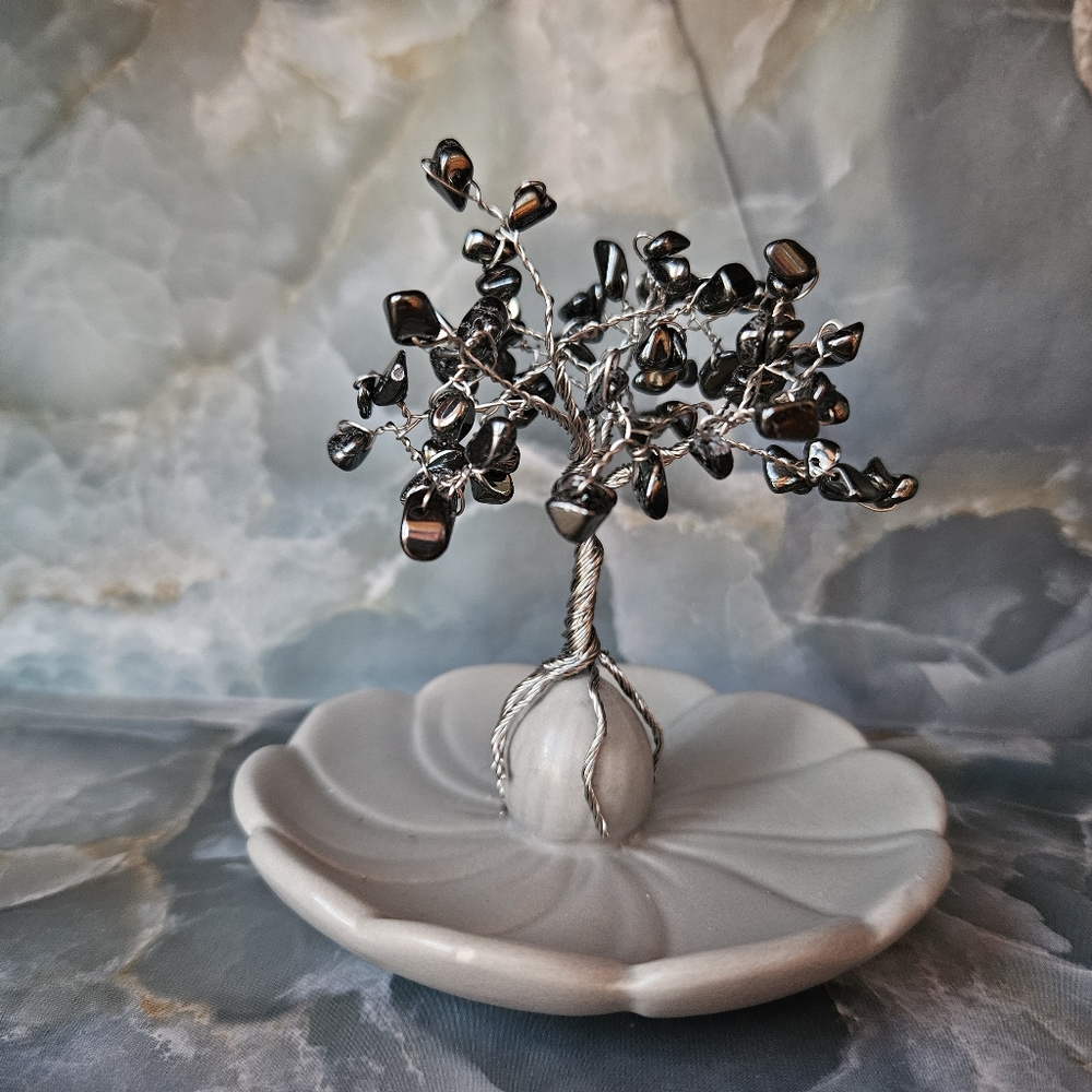 Handmade Hematite Tree of Life on Ceramic Dish - Silver Accents